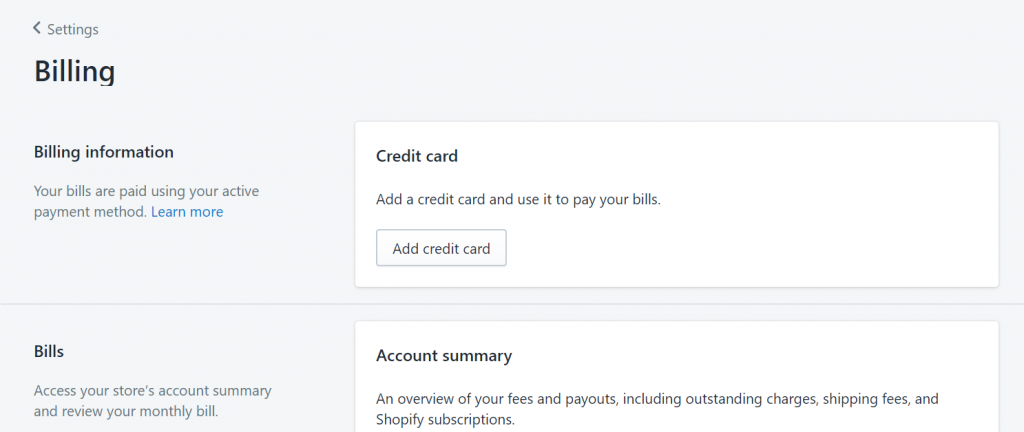 Shopify billing settings